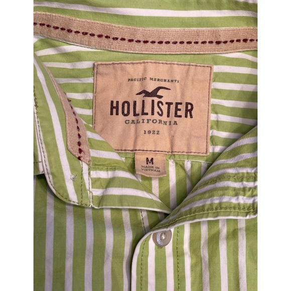 Y2K Hollister Men's Button Up Shirt Medium Green White Striped Seagull Logo VTG - Picture 1 of 8